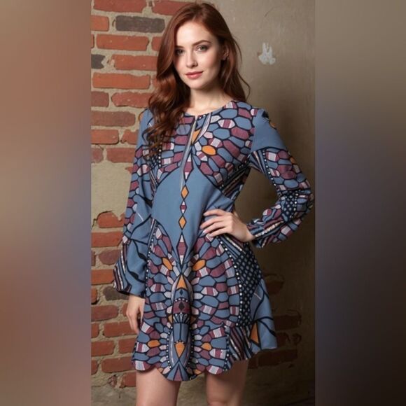 Olivaceous Blue Print Scalloped Raw Hem Shift Dress Size M - Picture 1 of 6